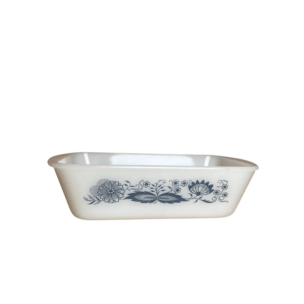 Vintage Glasbake Blue Floral Onion Milk Glass Loaf Pan J-522 Made in USA MCM